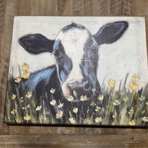 Cow Canvas Wall Art with Yellow Flowers